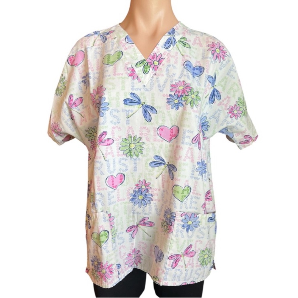 Pink and Blue Floral Butterflies Hearts Women's Scrub Top GUC